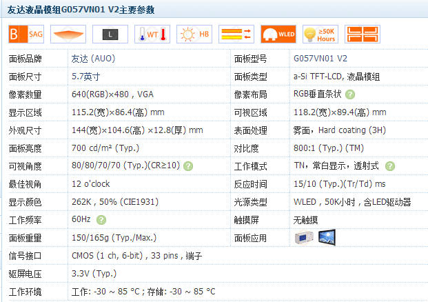 友達液晶模組G057VN01 V2主要參數(shù)